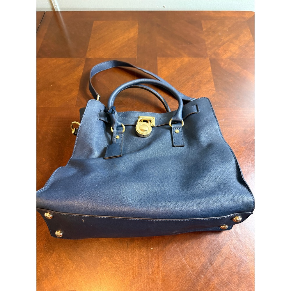 Michael Kors Hamilton Satchel Navy Blue Saffiano Leather Gold Padlock Handbag - Picture 2 of 11